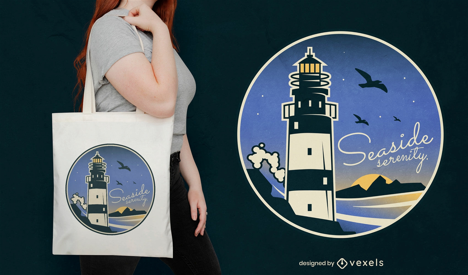 Lighthouse in the coast tote bag design