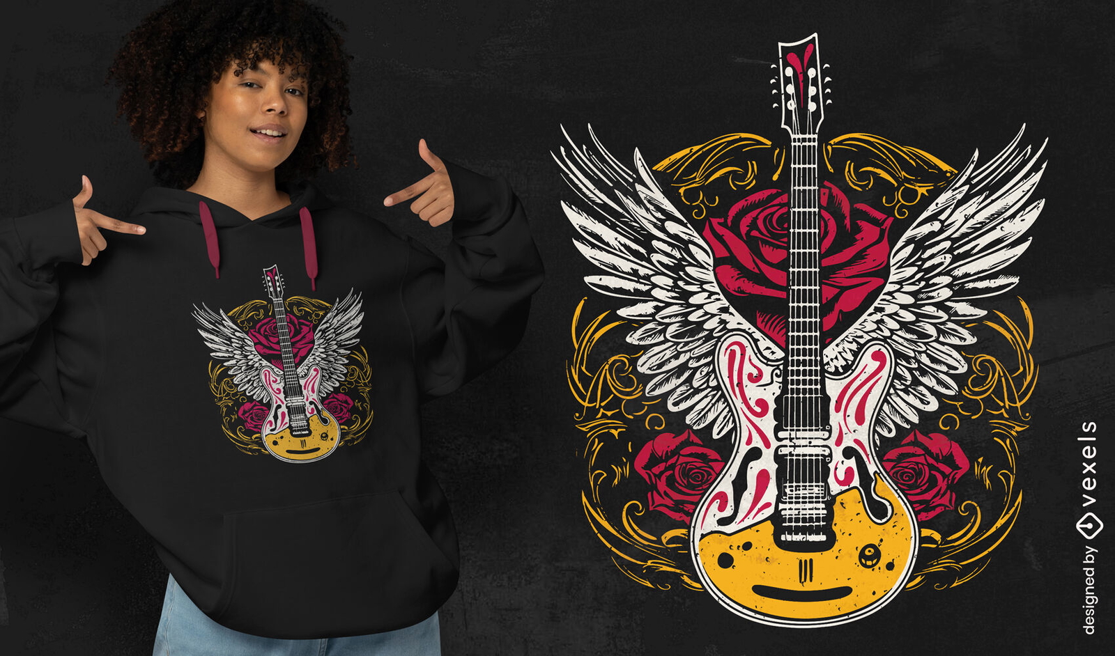 Design de camiseta com guitarra el?trica com asas