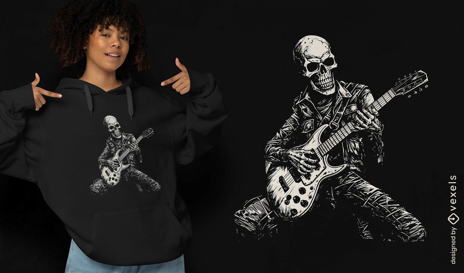 Design de camiseta de esqueleto de jogador de rock and roll