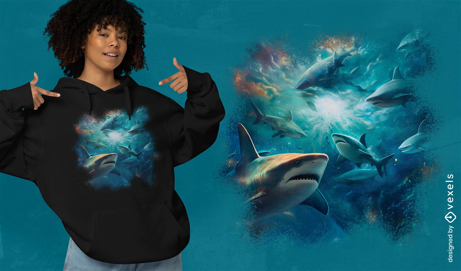 Design de camiseta de tubarões no oceano