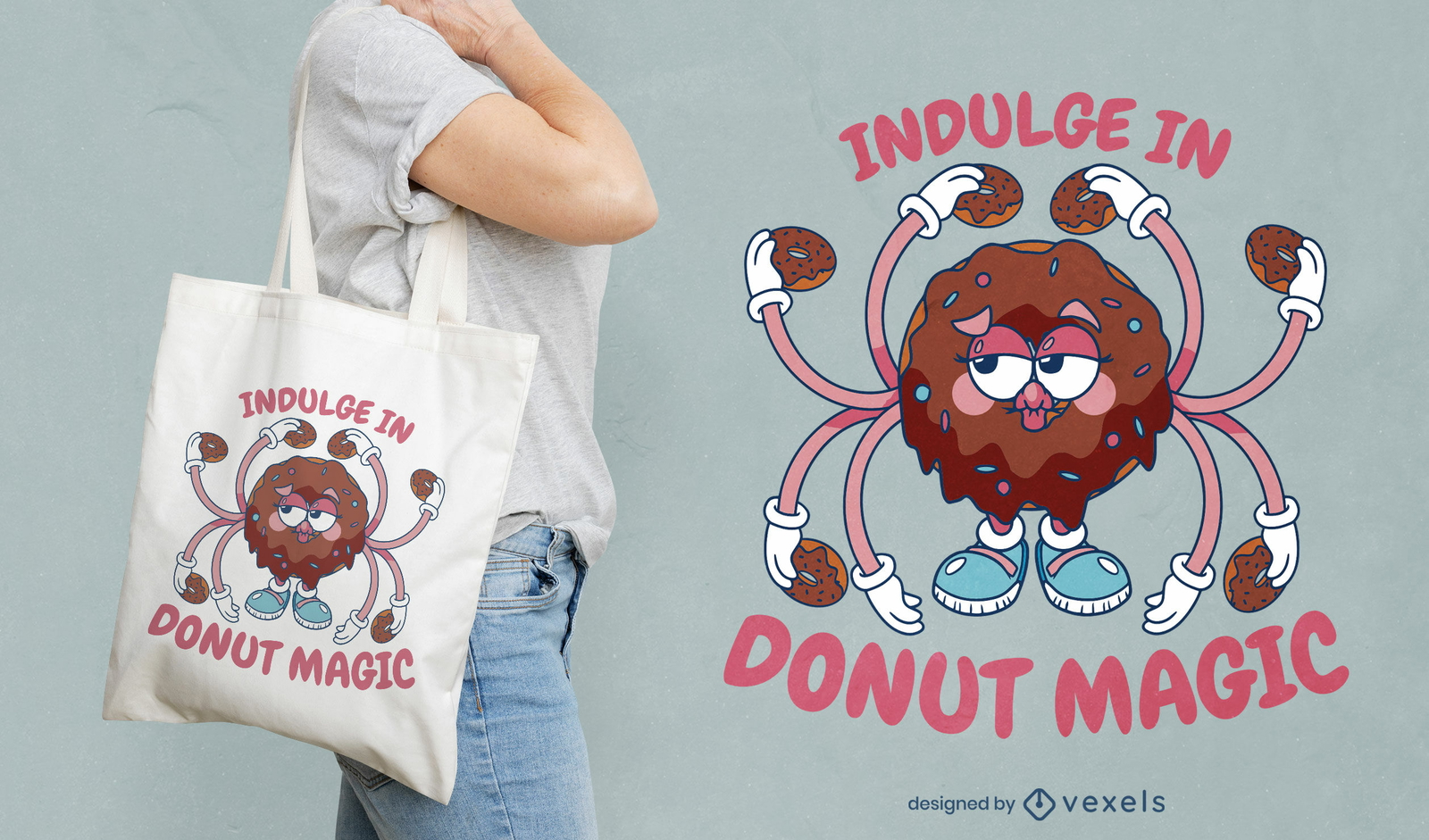 Diseño de bolsa de asas de comida de dibujos animados de donut