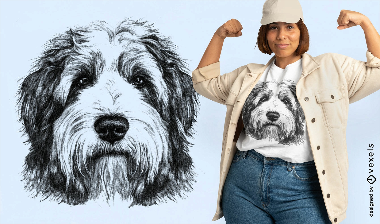 Diseño de camiseta con ilustración de perro pastor.
