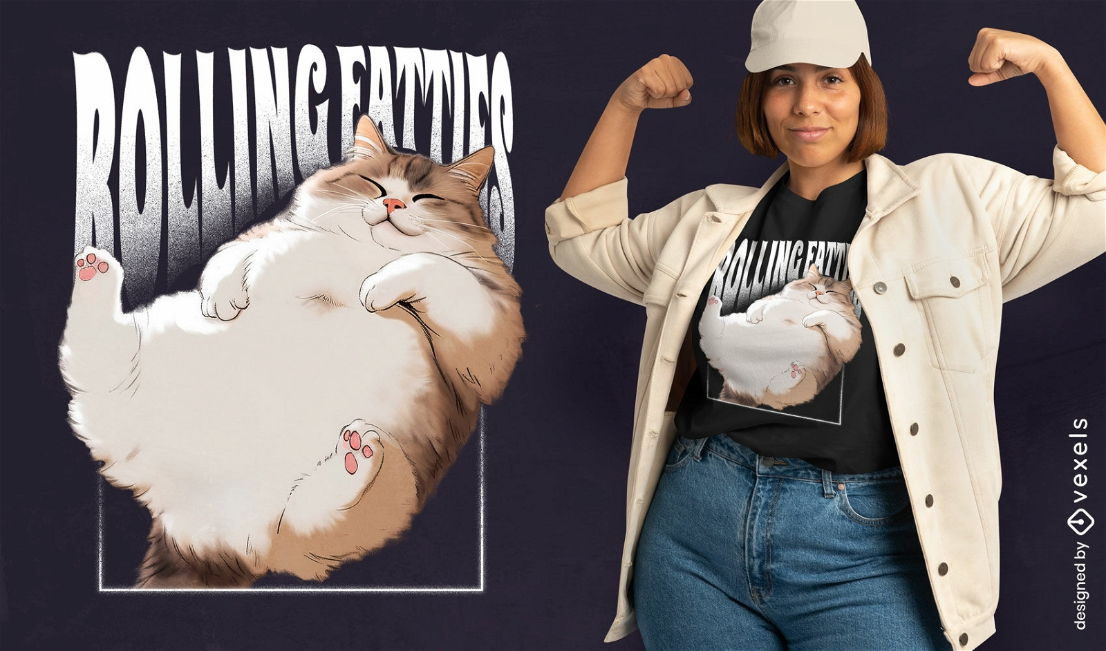 Diseño de camiseta rodante de gato gordo.