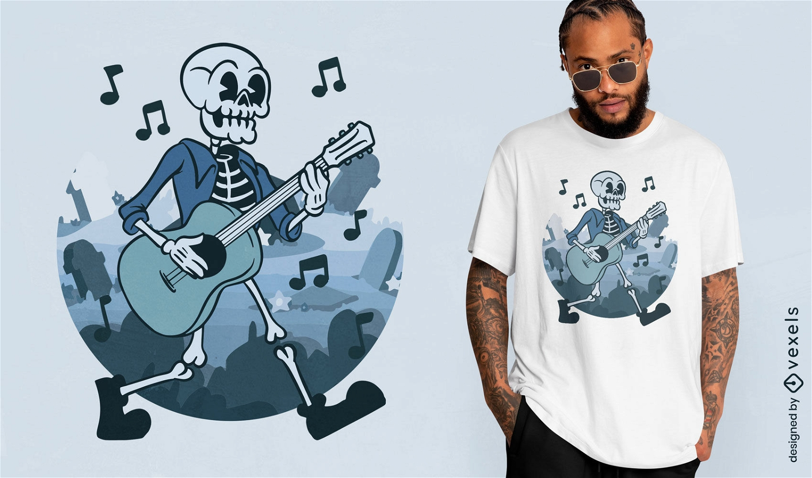 Diseño de camiseta azul esqueleto tocando la guitarra.