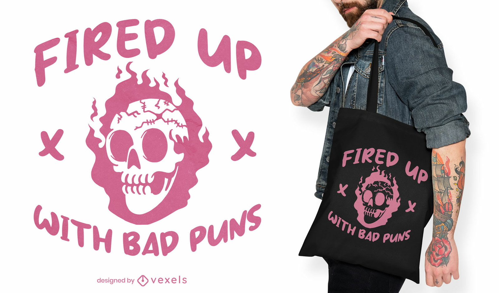 Diseño de tote bag calavera rosa y fuego