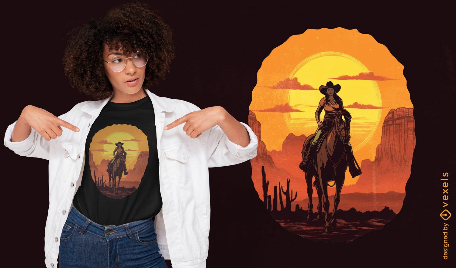 Diseño de camiseta vaquera caballo y puesta de sol.