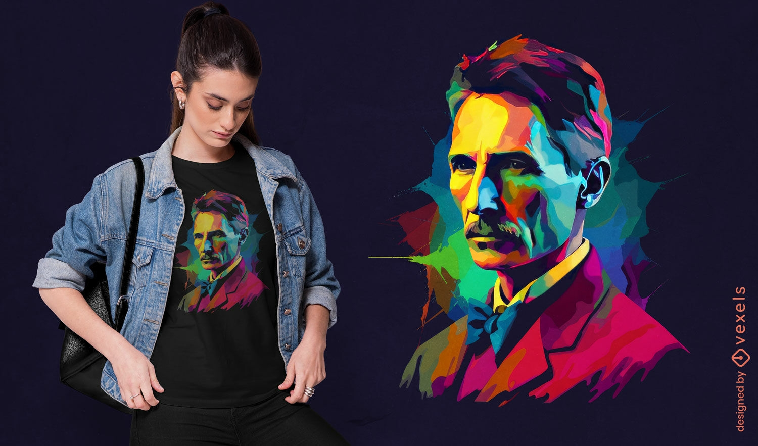 Diseño colorido de camiseta tributo a Nikola Tesla.