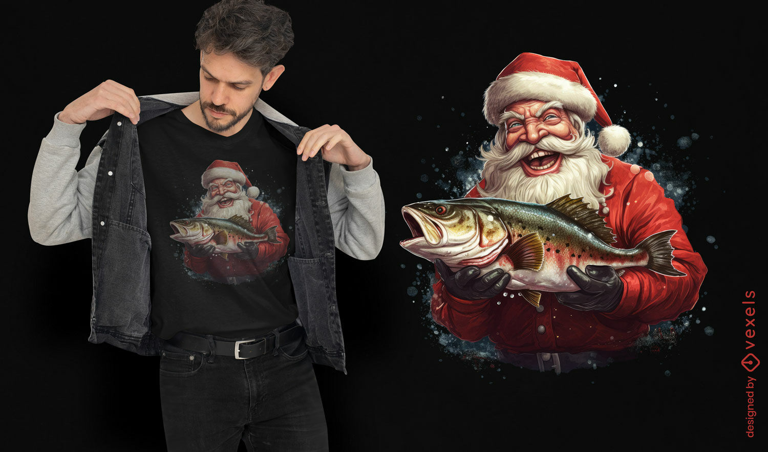 Diseño de camiseta de Papá Noel con pez.