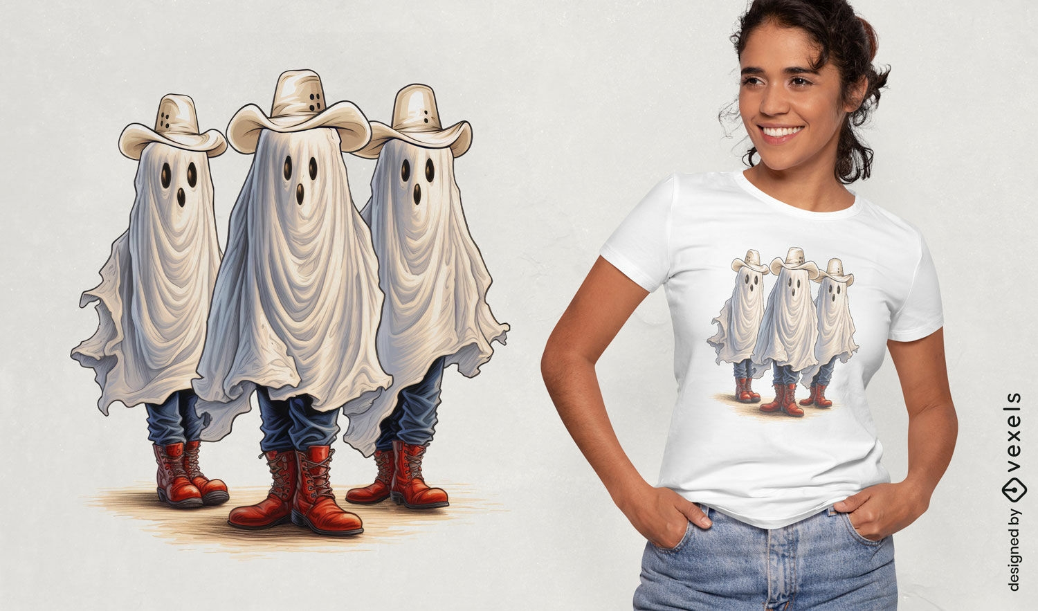 Design de camiseta com tr?s fantasmas de cowboy