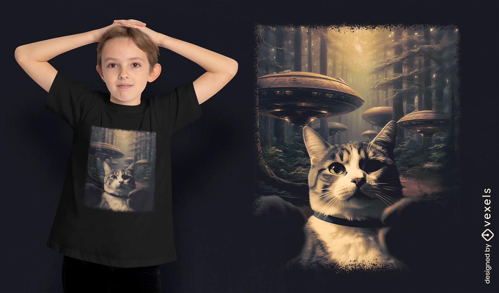 Diseño de camiseta de fantasía de gato y ovni.
