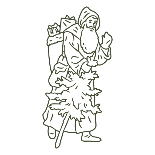Papá Noel vintage cargando un árbol y regalos Diseño PNG