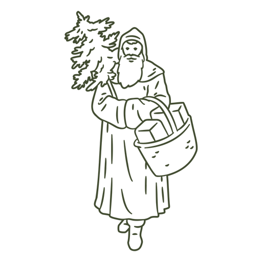 Black and white illustration of a man carrying a tree PNG Design