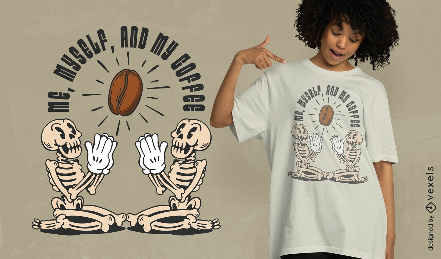 Esqueletos elogiando o design de camisetas com café