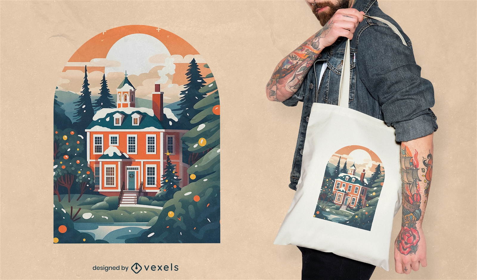 Colonial house in winter tote bag design
