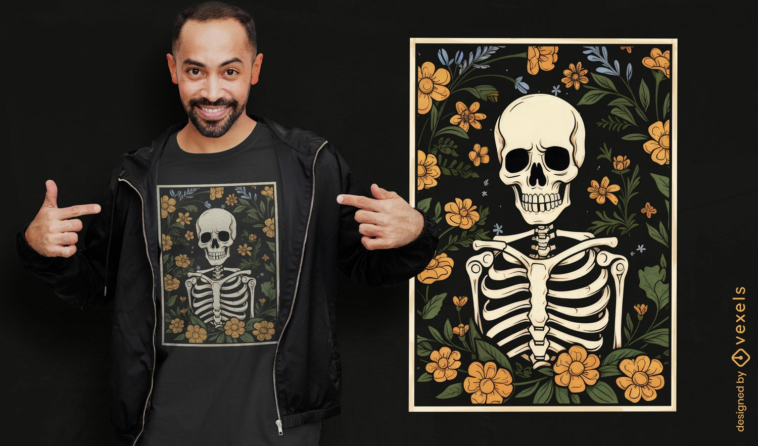 Diseño de camiseta oscura de esqueleto con flores.