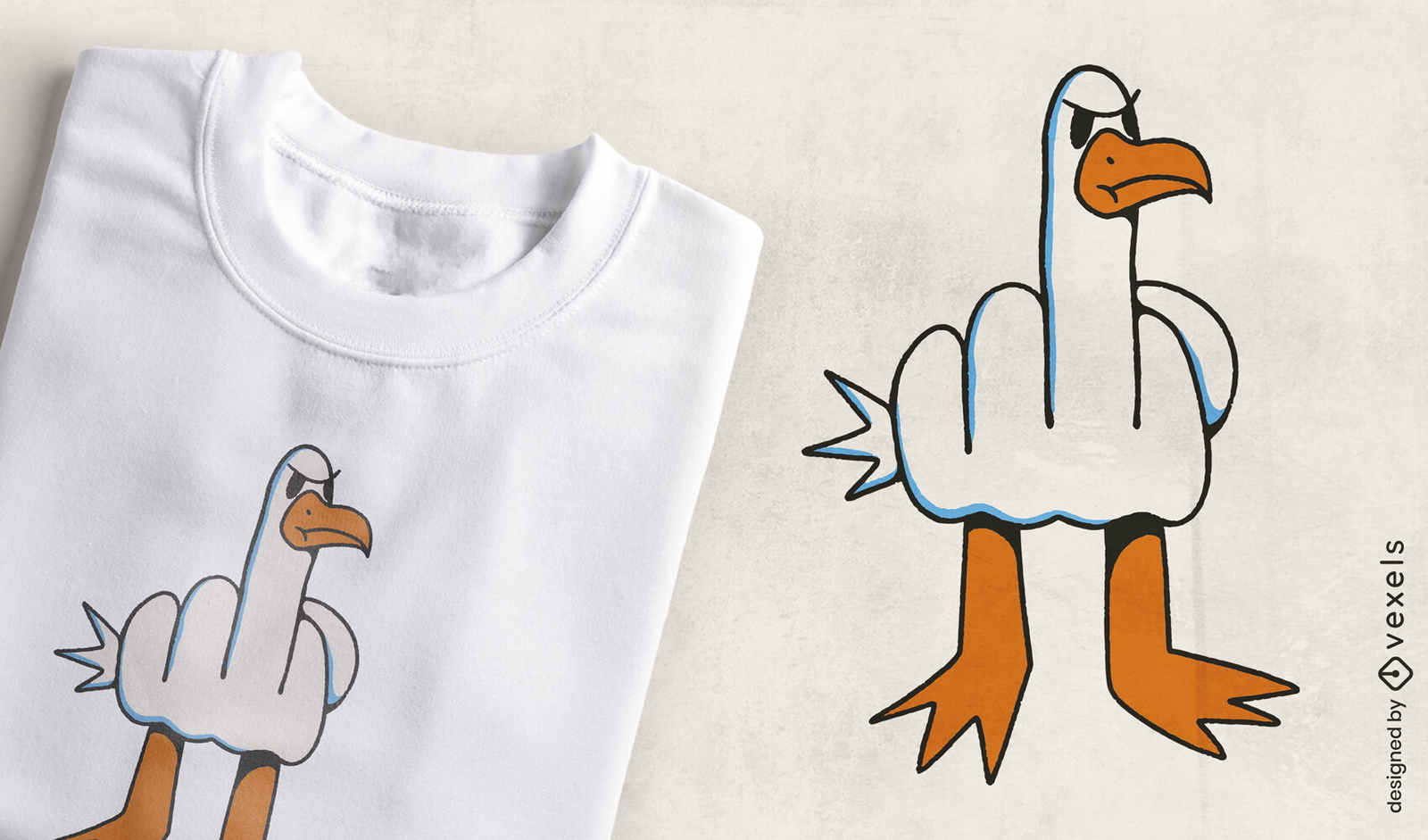 Diseño de camiseta de gaviota con cuerpo de dedo medio.