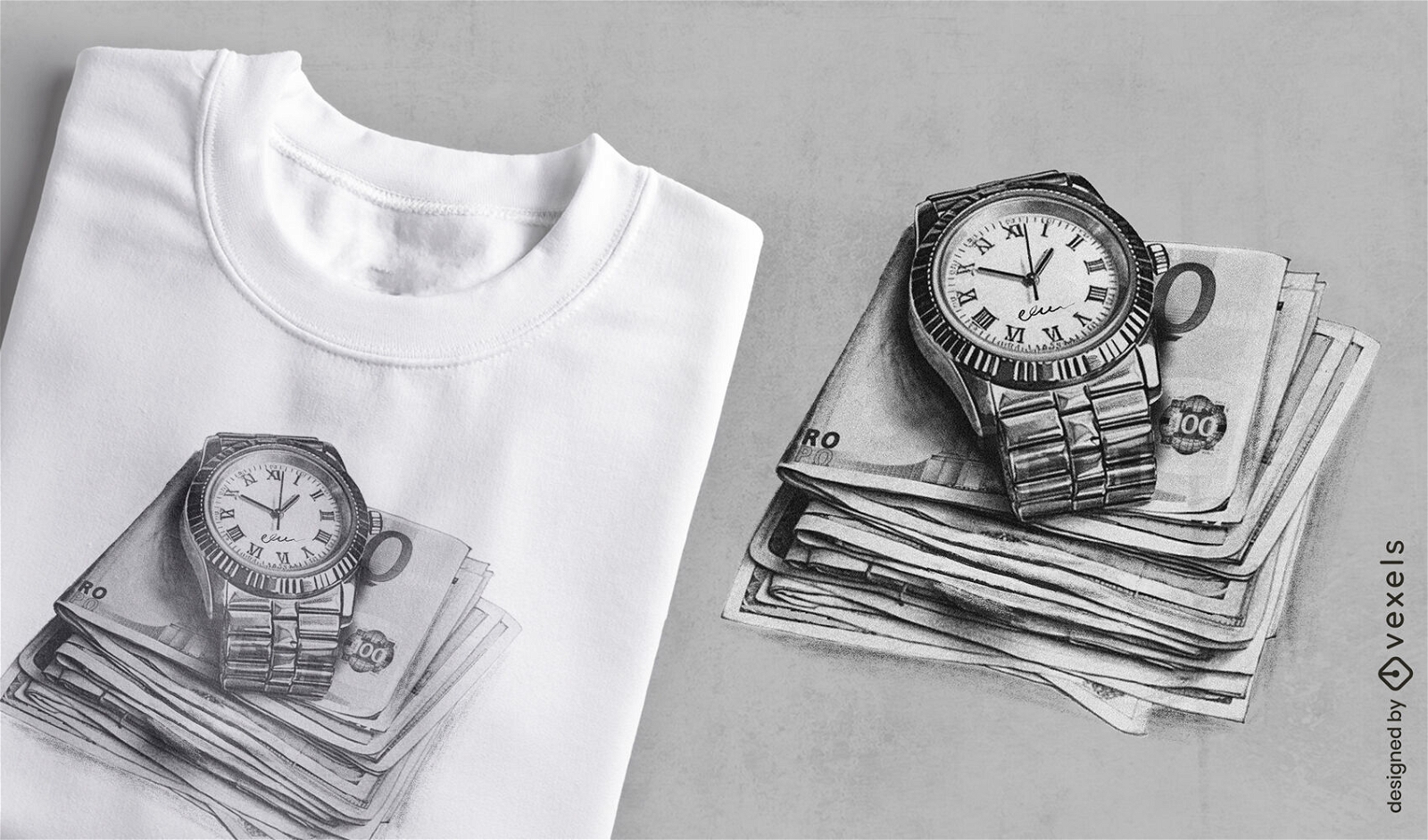 Design de camisetas com dinheiro e relógio