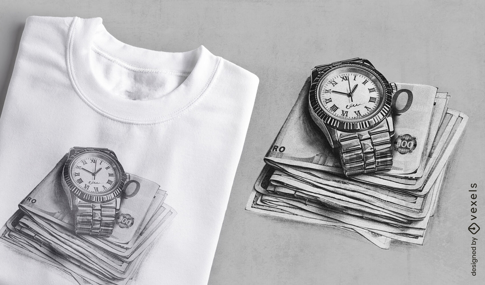 Diseño de camiseta de dinero y reloj.