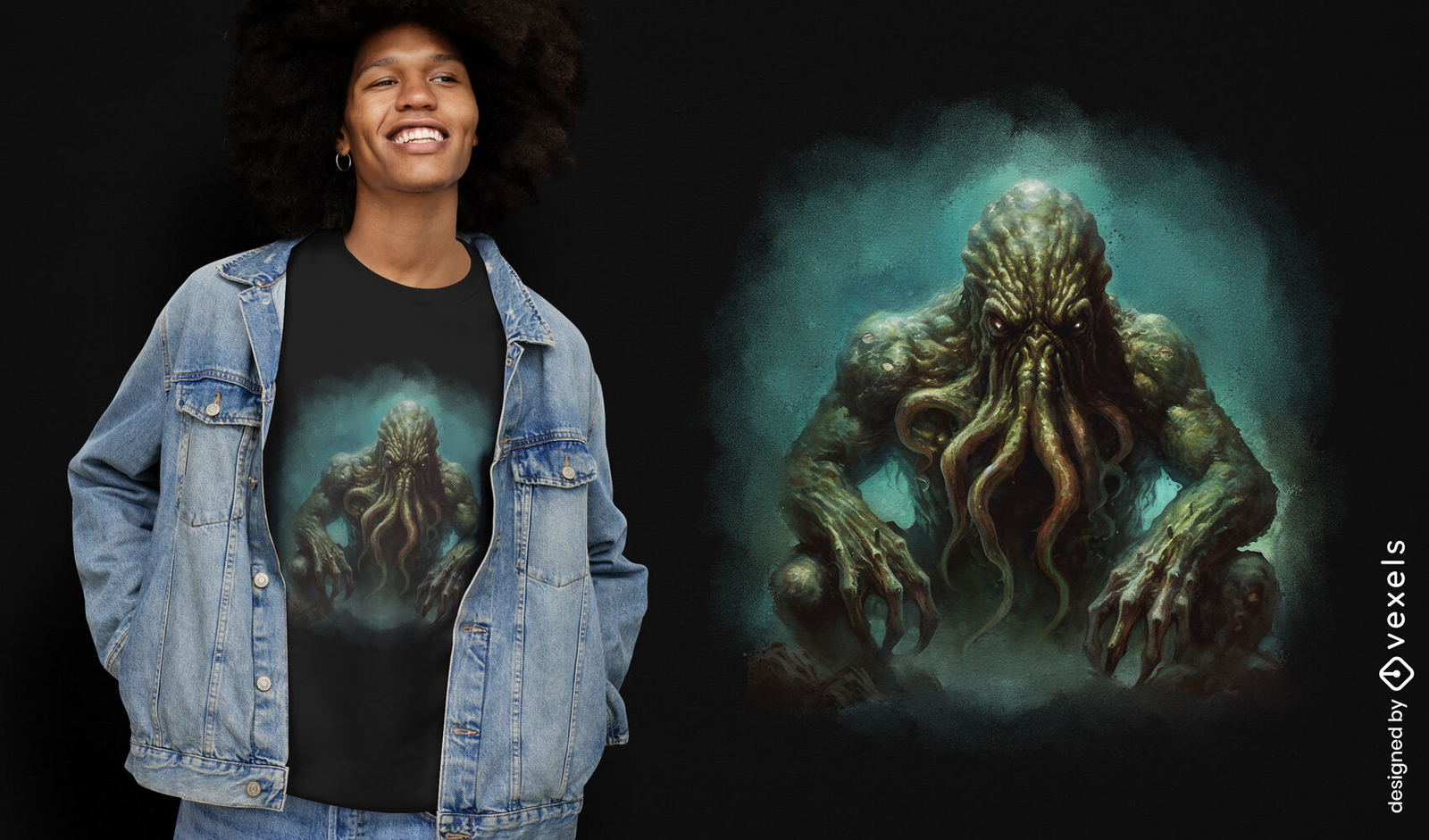 Diseño detallado de camiseta oscura de Cthulhu.