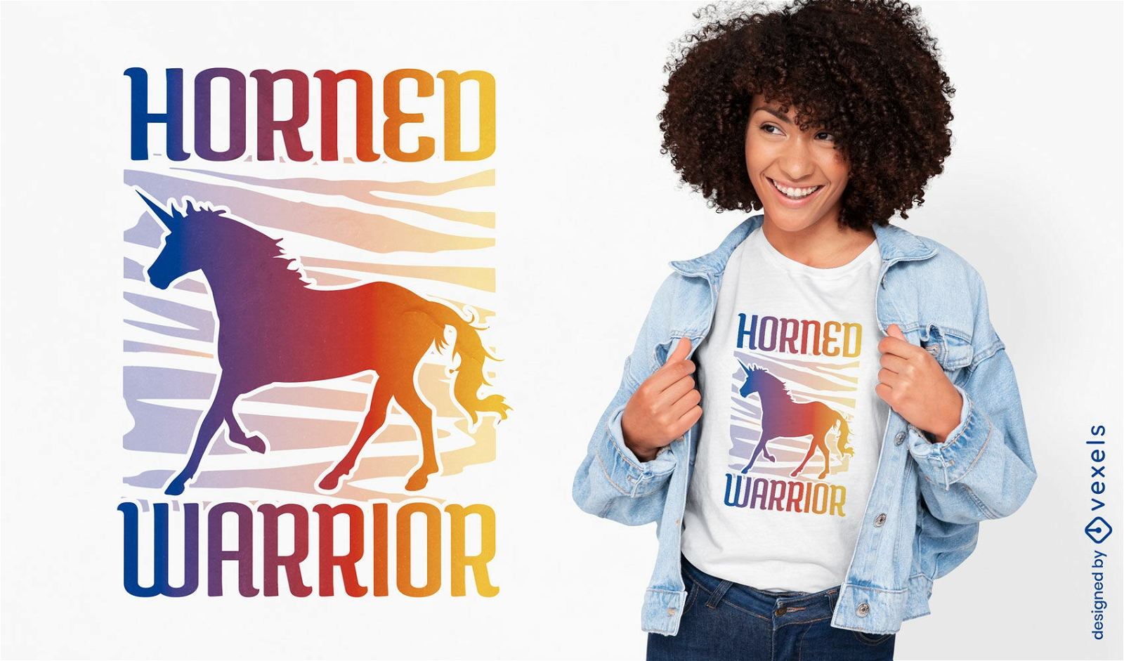 Diseño de camiseta de unicornio guerrero con cuernos