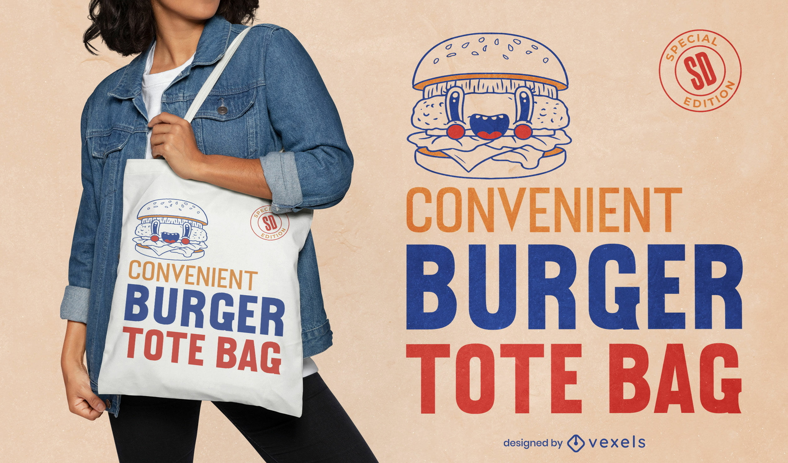 Cartoon burger food tote bag design