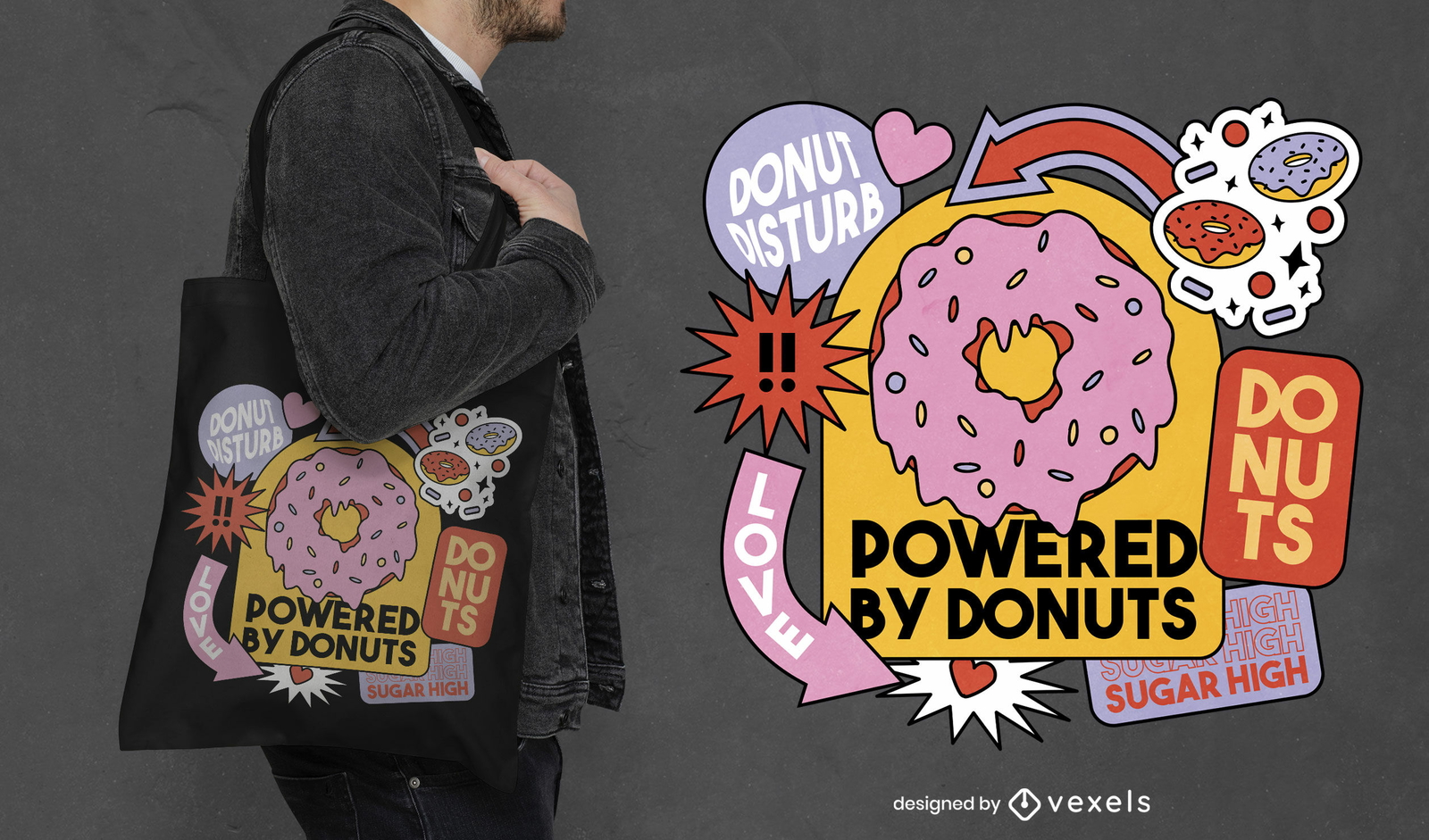 Diseño de bolsa de asas de donas de comida dulce