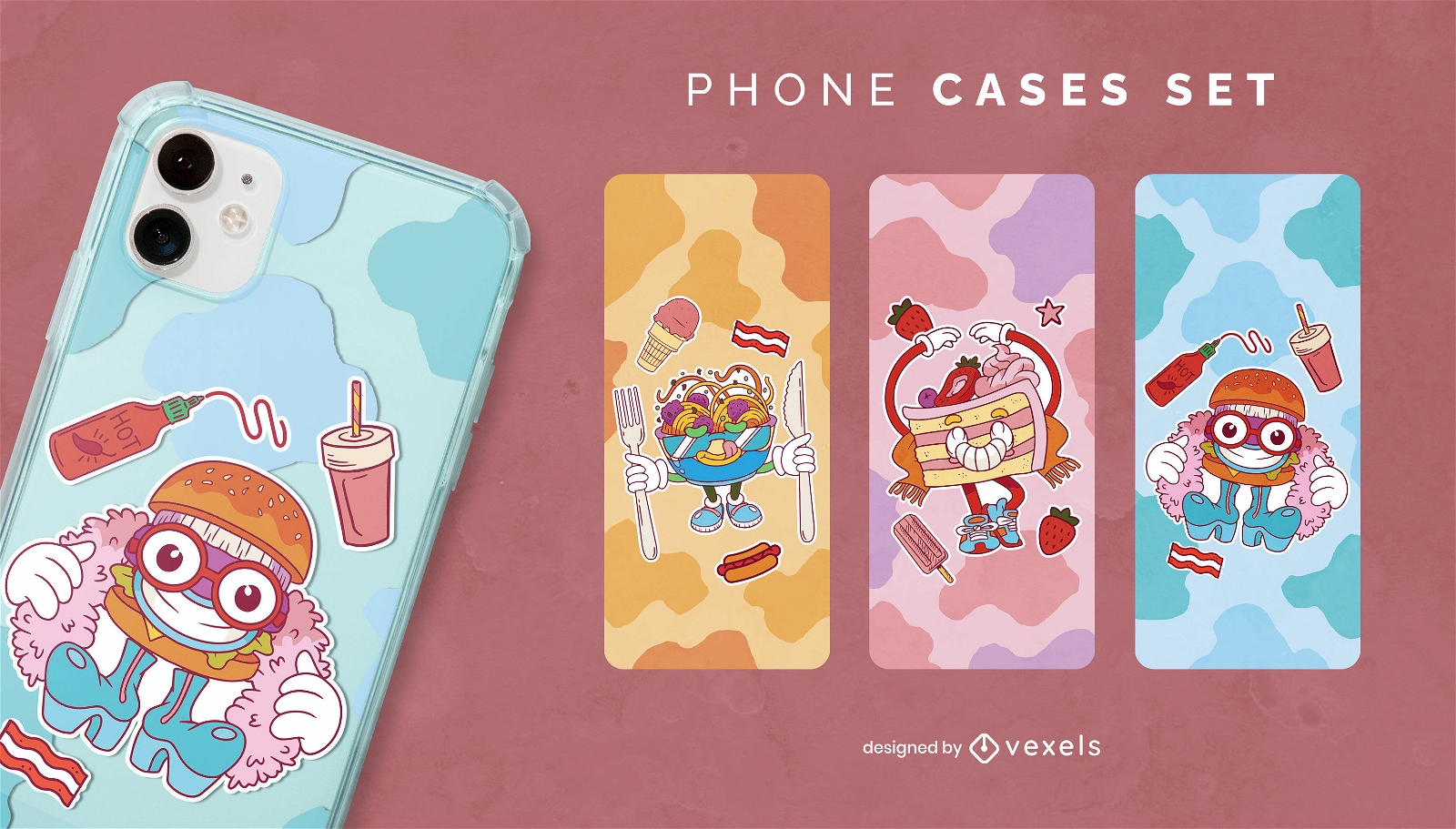 Conjunto de capas de telefone com adesivo de comida de desenho animado