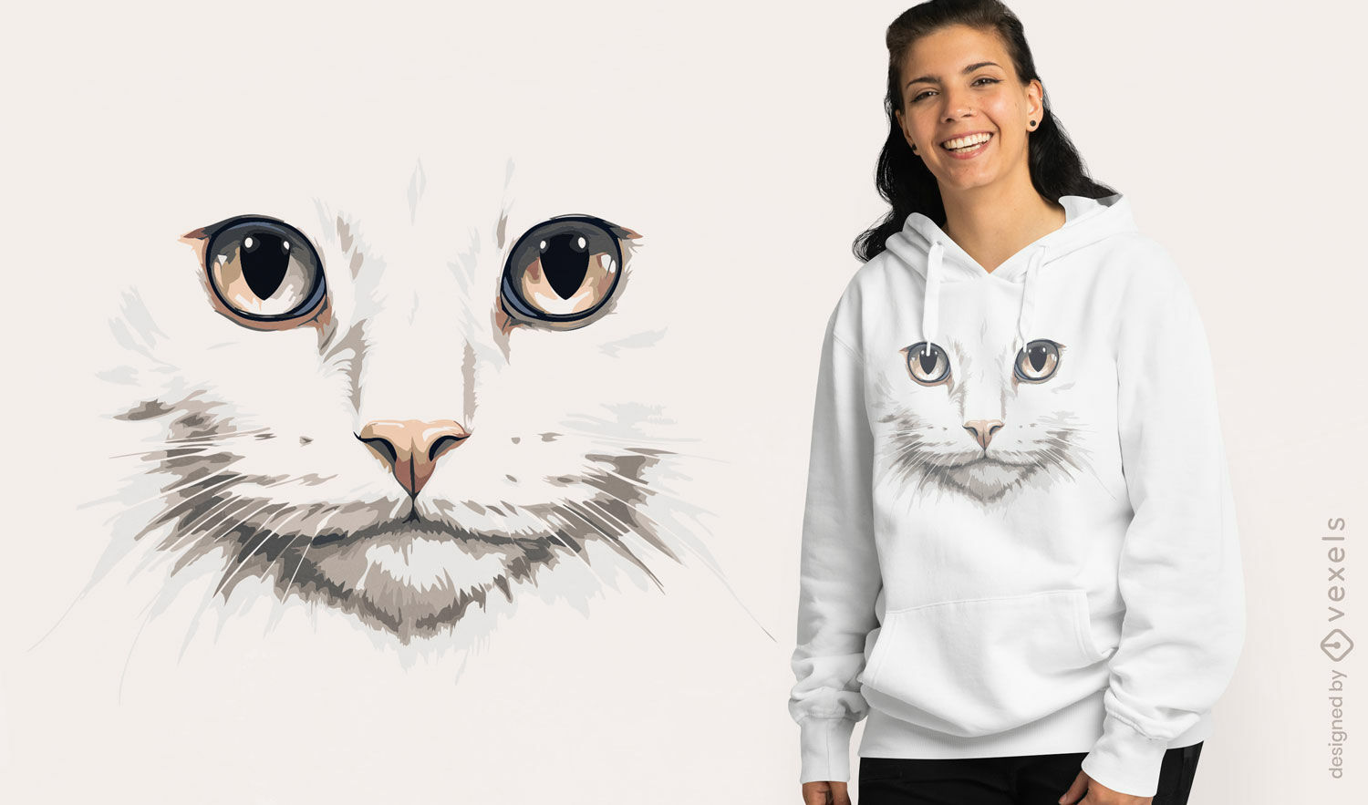 Diseño de sudadera con capucha con cara de gato blanco.