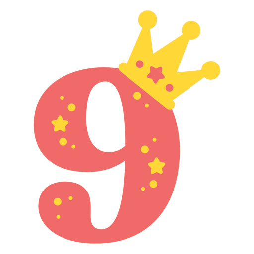 Número nueve con corona y estrellas. Diseño PNG