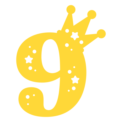 Número nueve amarillo con corona y estrellas. Diseño PNG