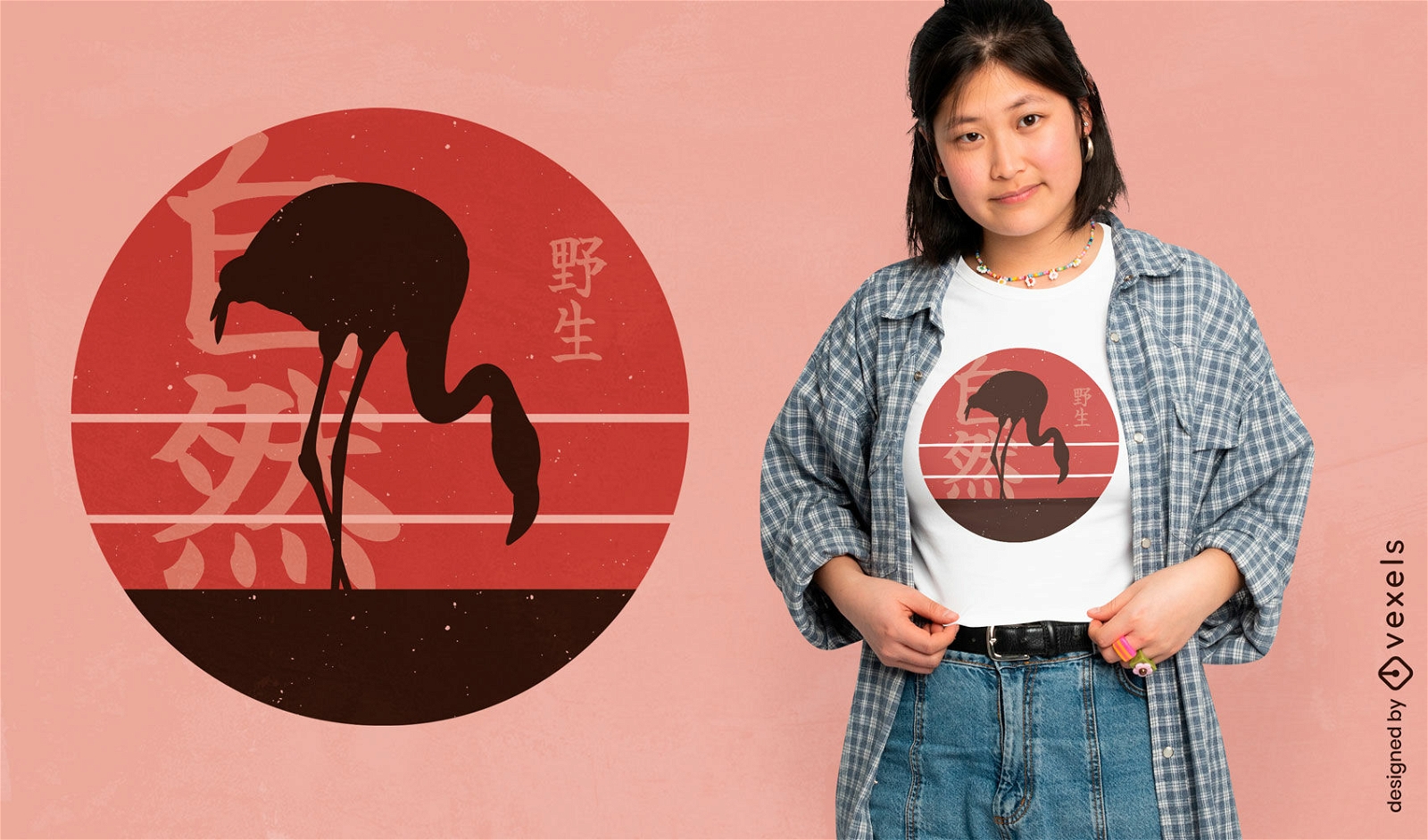 Japanisches T-Shirt-Design mit Flamingo-Tier