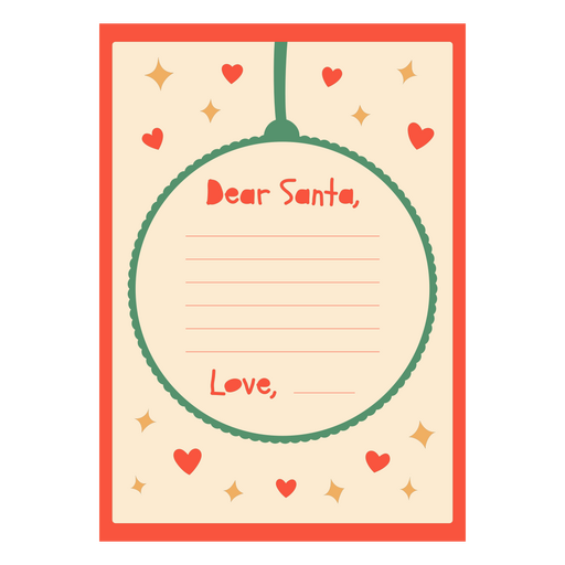 Santa claus card with hearts and a santa claus ornament PNG Design