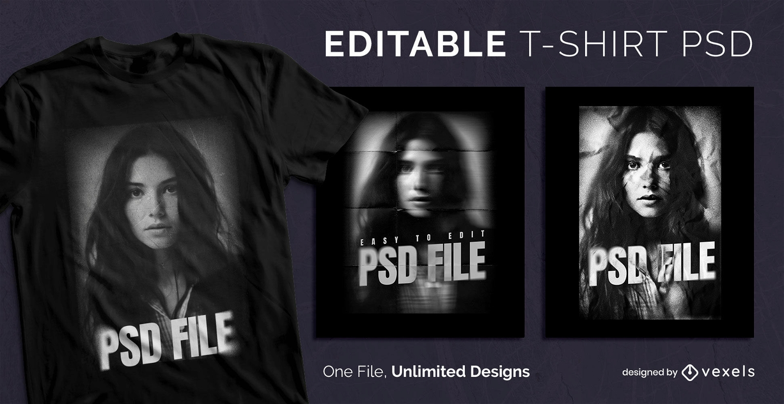 Schwarz-weißes, texturiertes, skalierbares T-Shirt im PSD-Format