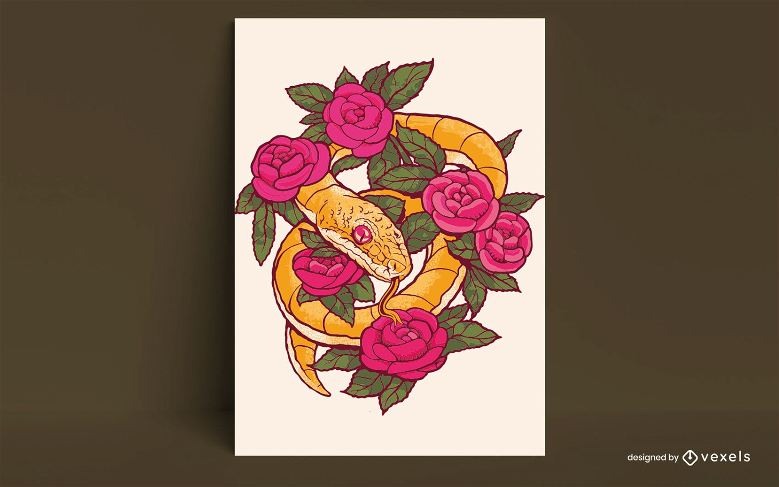 Diseño de cartel de tatuaje de serpiente y flores.