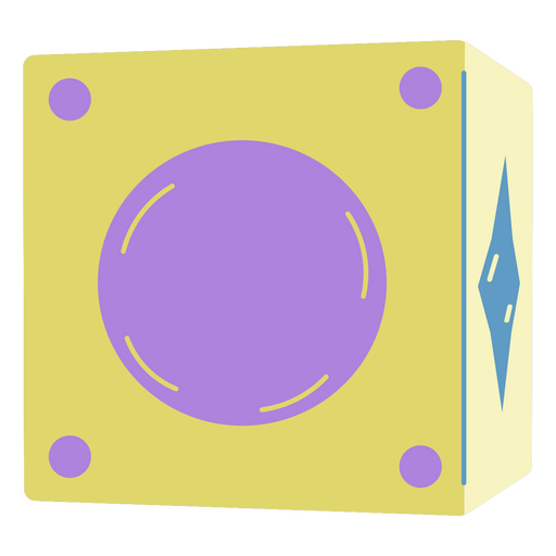 Cubo amarillo y morado con un punto morado en el medio. Diseño PNG