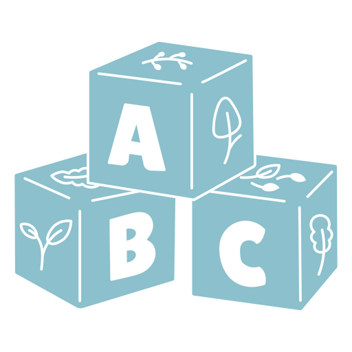 Conjunto de bloques azules con las letras abc y una hoja. Diseño PNG