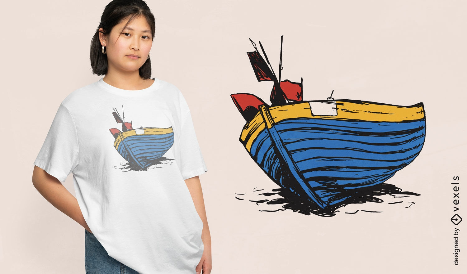 Diseño de camiseta de barco pesquero azul.