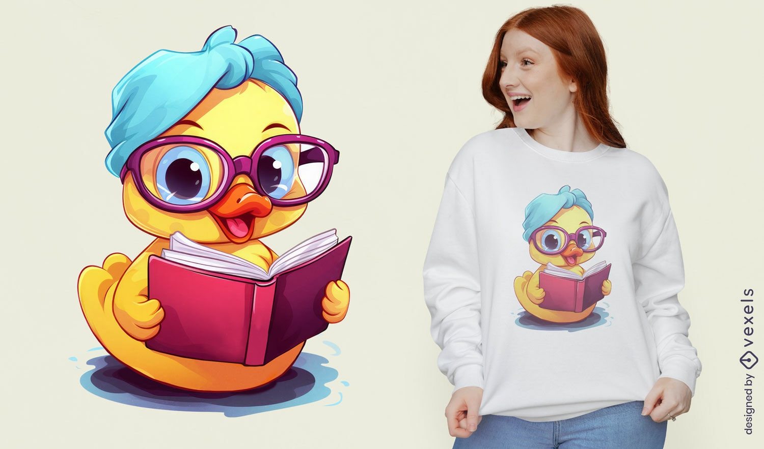 Design fofo de camiseta com livro de leitura de pato de borracha