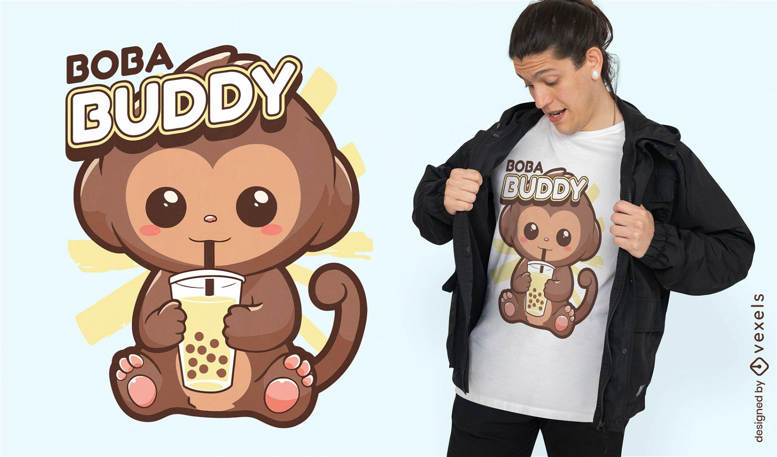Diseño de camiseta mono bebiendo té de boba.