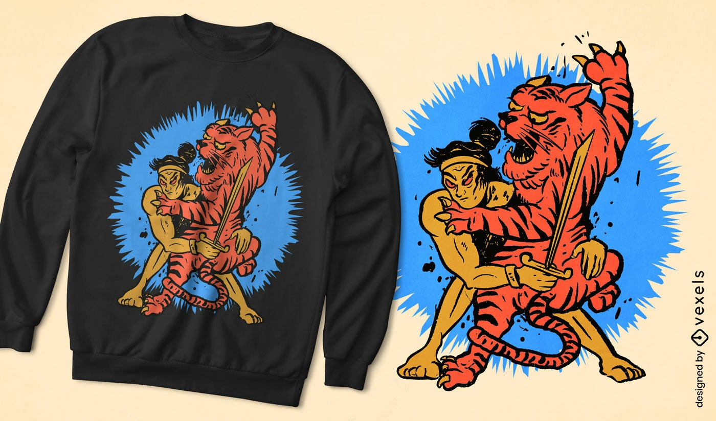 Samurai lutando com design de camiseta de tigre