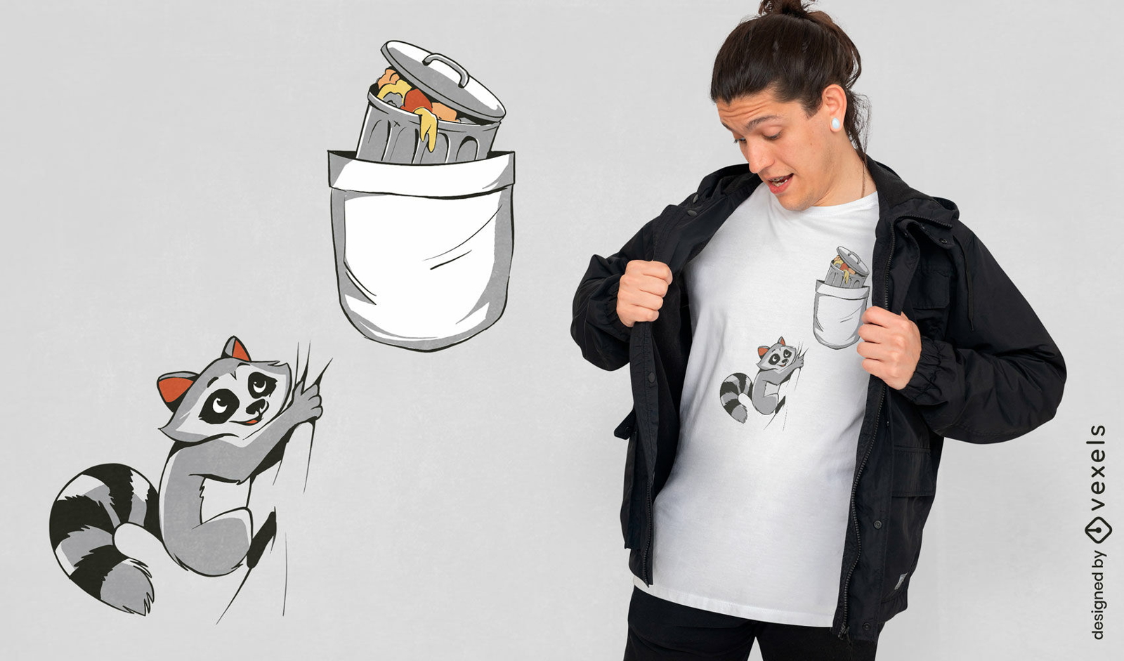 Diseño de camiseta de basura de mapache en bolsillo.