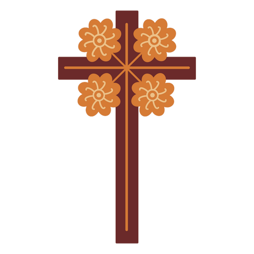 Estampa de camiseta com desenho decorativo de cruz floral e detalhes em laranja. Desenho PNG