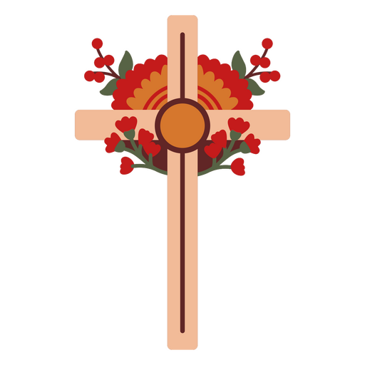Cruz con flores y hojas. Diseño PNG