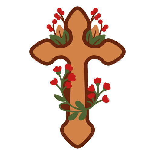 Cruz de madera con flores rojas. Diseño PNG