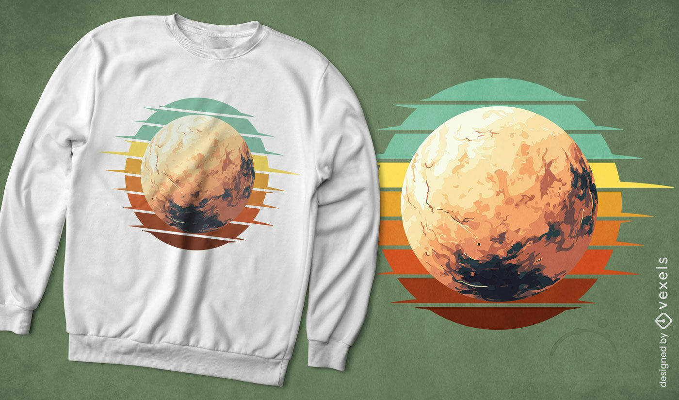 Diseño de camiseta Plutón retro atardecer.