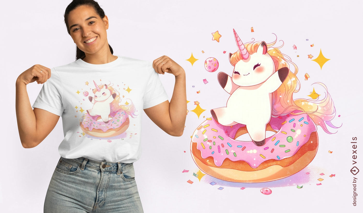 Diseño de camiseta de donut de unicornio feliz.