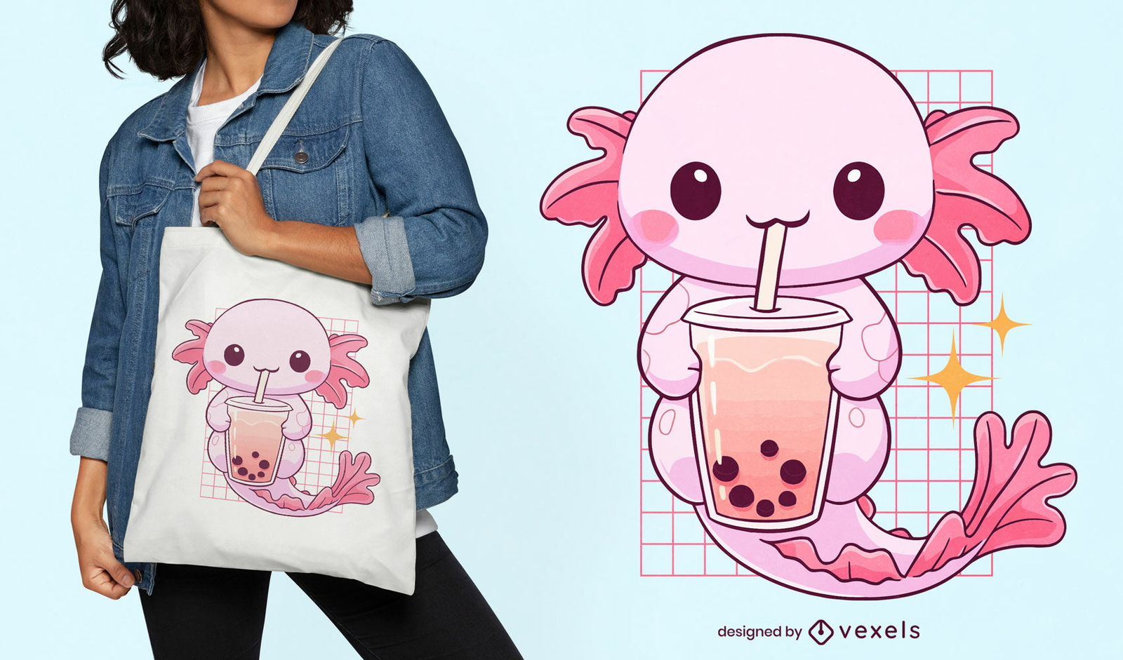 Diseño de bolsa de asas de sirena axolotl kawaii