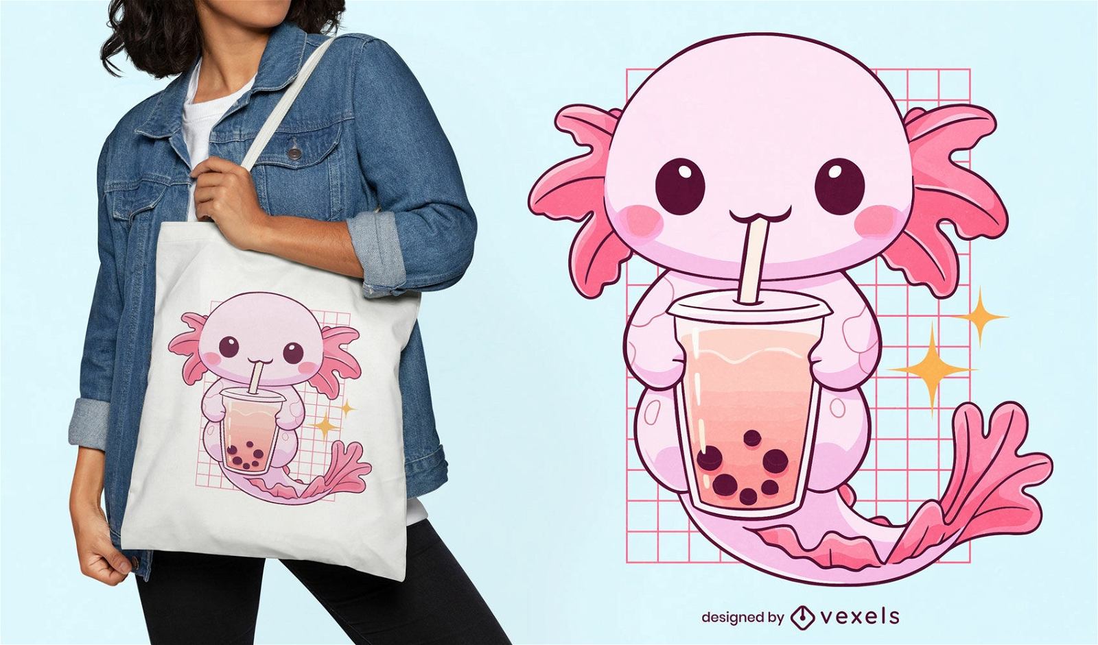 Kawaii axolotl mermaid tote bag design