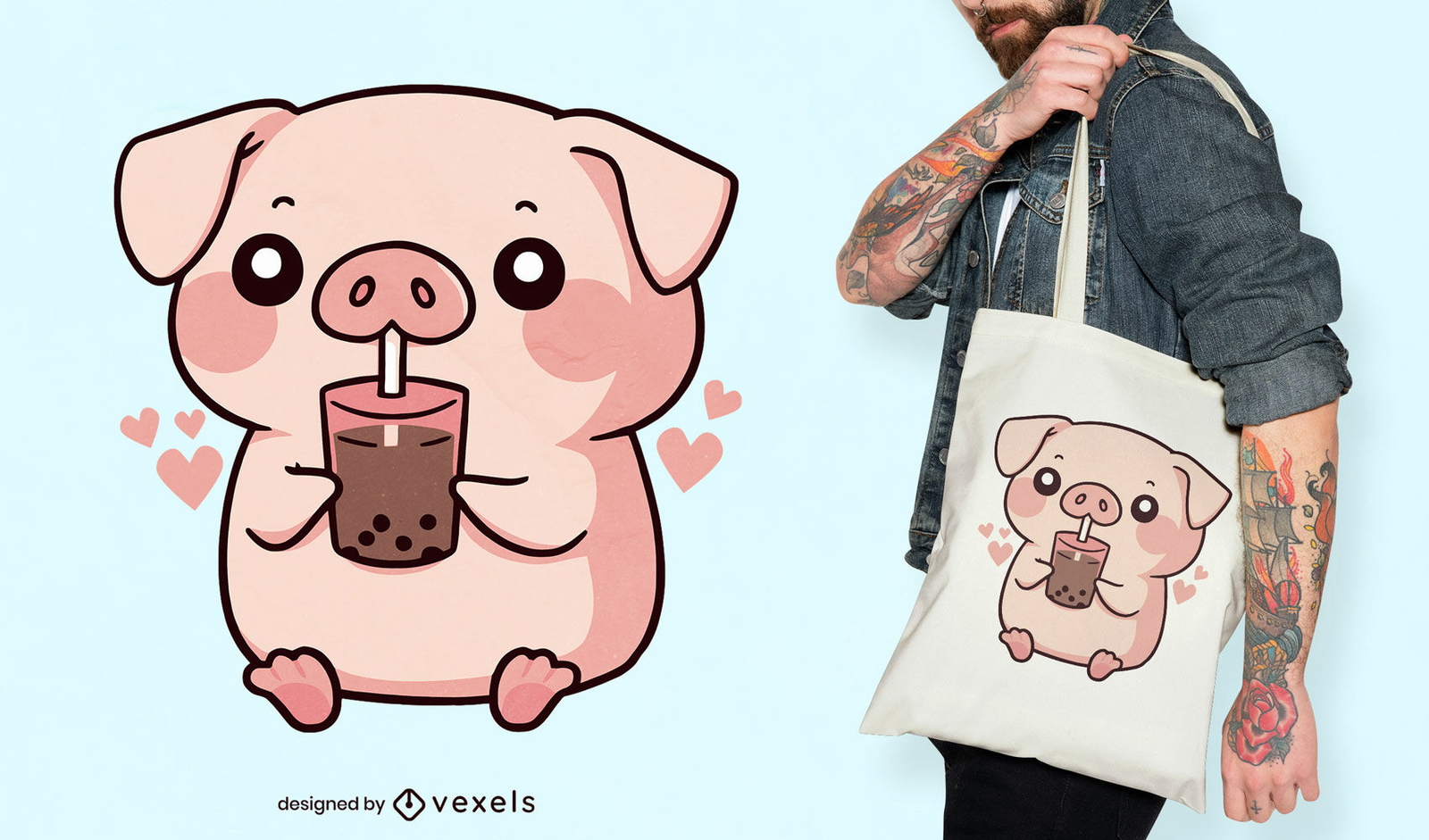 Diseño de bolsa de asas de té de cerdo kawaii bebiendo