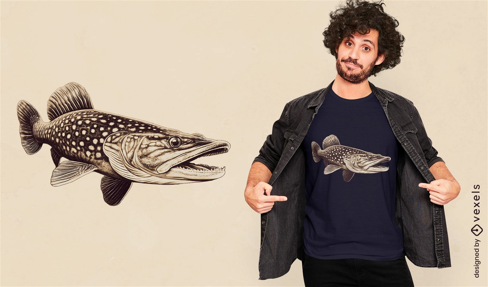 Diseño de camiseta con ilustración monocromática de pez lucio.